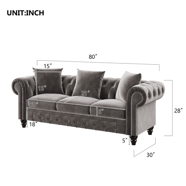 Rosdorf Park Azueta 80'' Velvet Rolled Arm Chesterfield Sofa Wayfair
